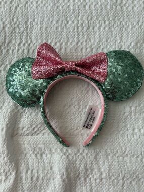 Disney Parks Minnie Mouse Ears Headband Sparkly Green Pink Bow Disneyland
